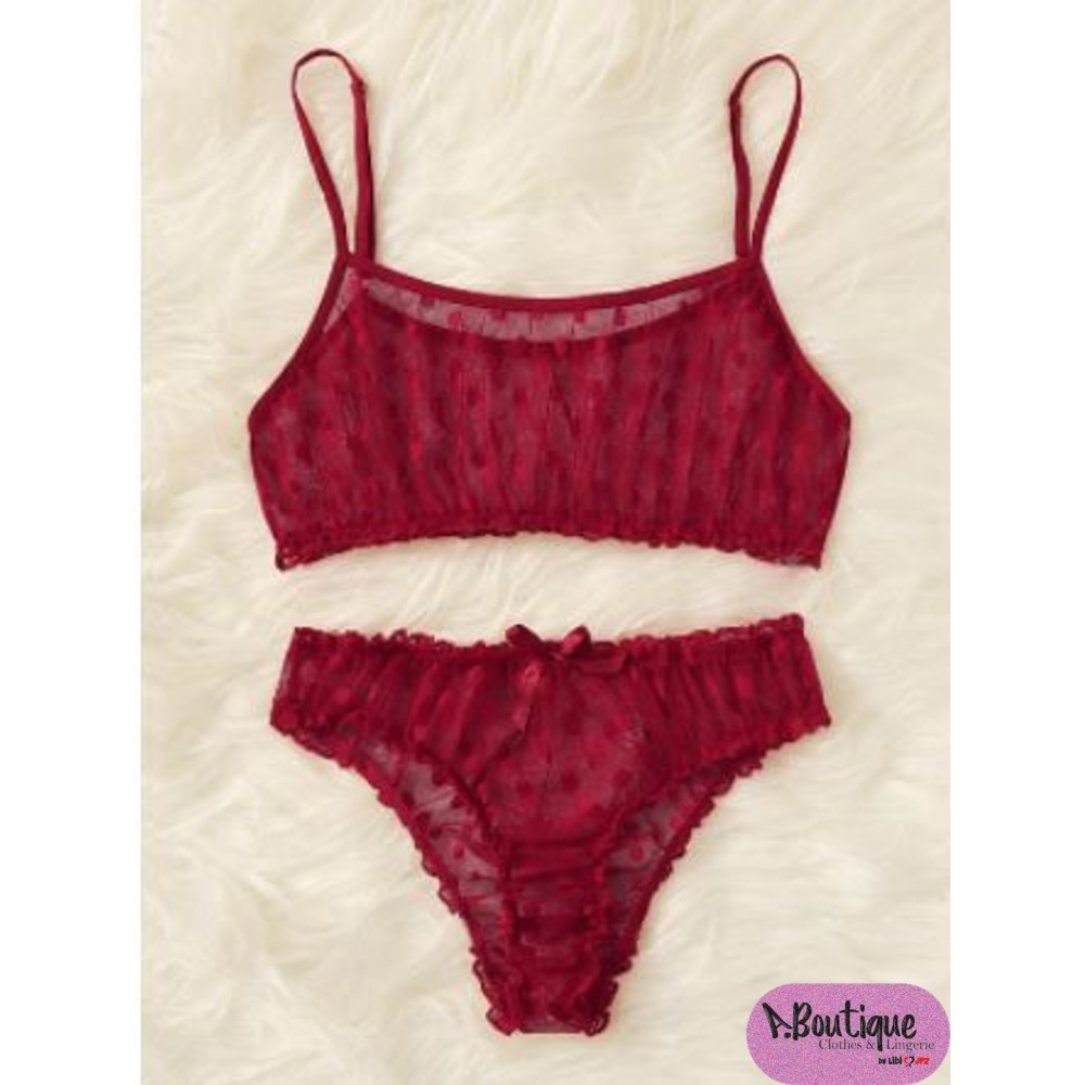 Conjunto de lencería ribete fruncido con malla de lunares