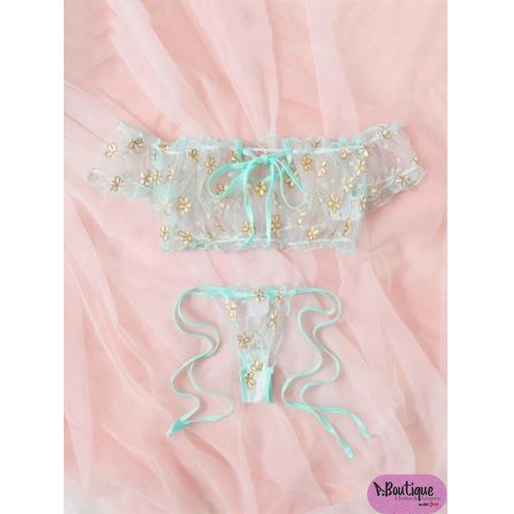 Conjunto de lencería ribete fruncido con malla con estampado floral