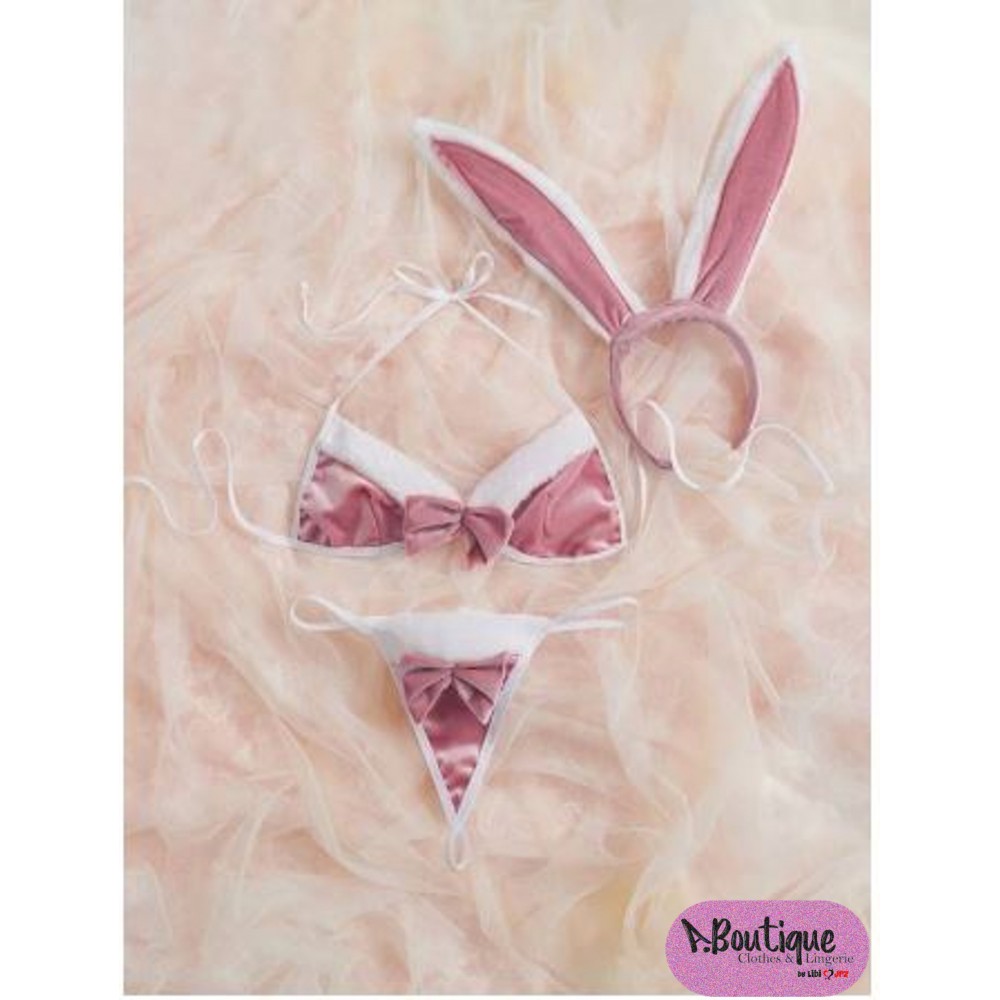 Conjunto de lencería con tanga con lazo delantero y con oreja de conejo