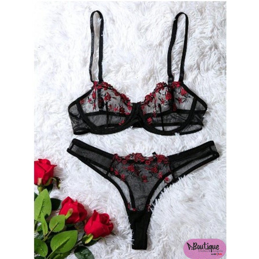 Conjunto de lencería de malla con bordado con aro