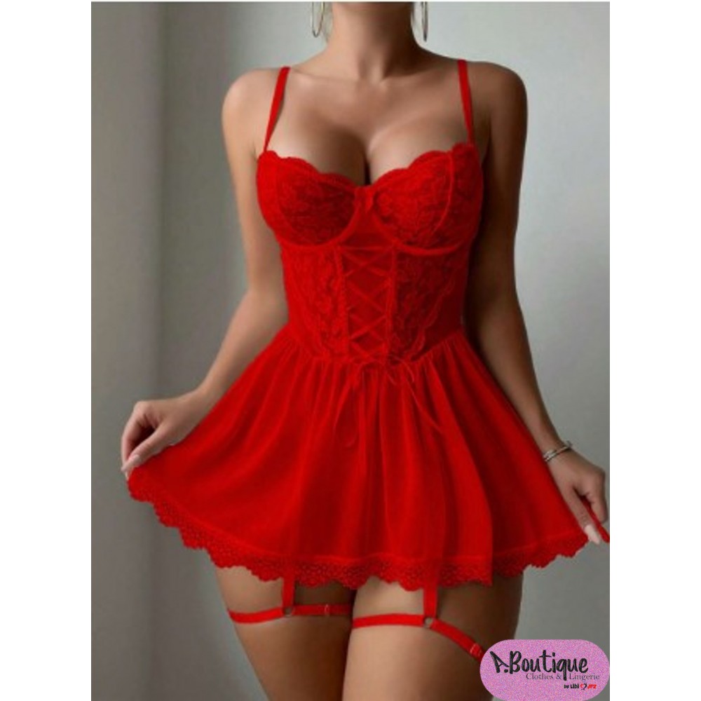 Conjunto de lencería con encaje en contraste de malla con aro con liga