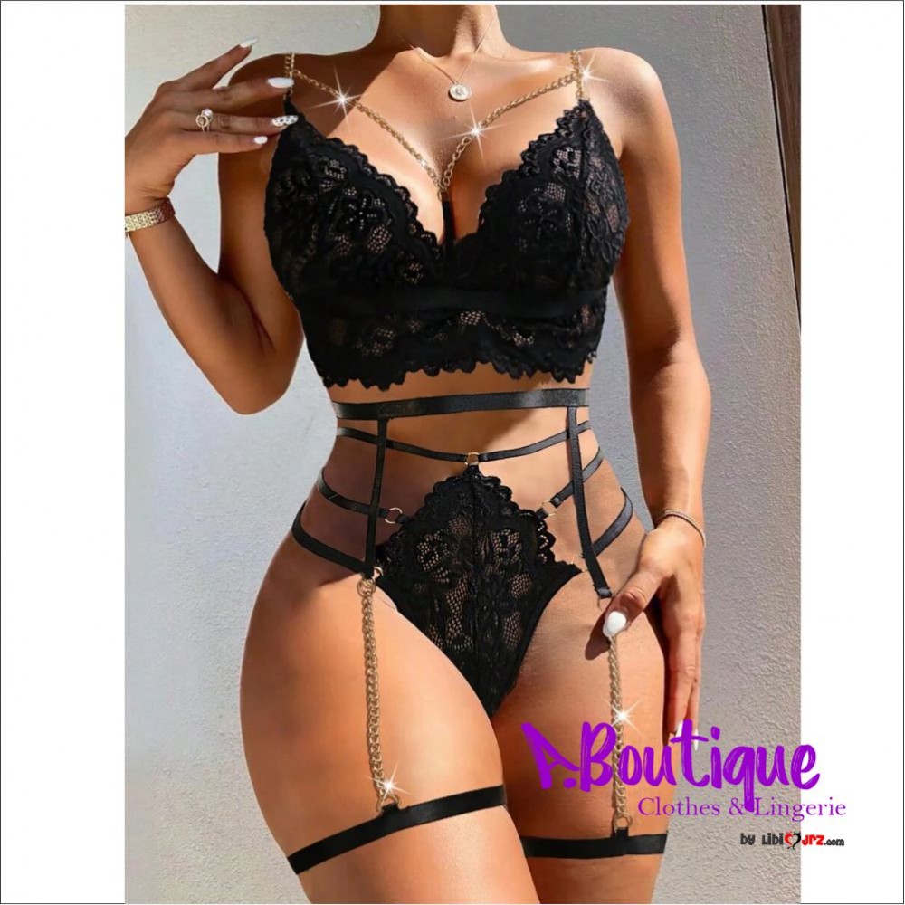 3 piezas conjunto de lencería con diseño de cadena con encaje con liga