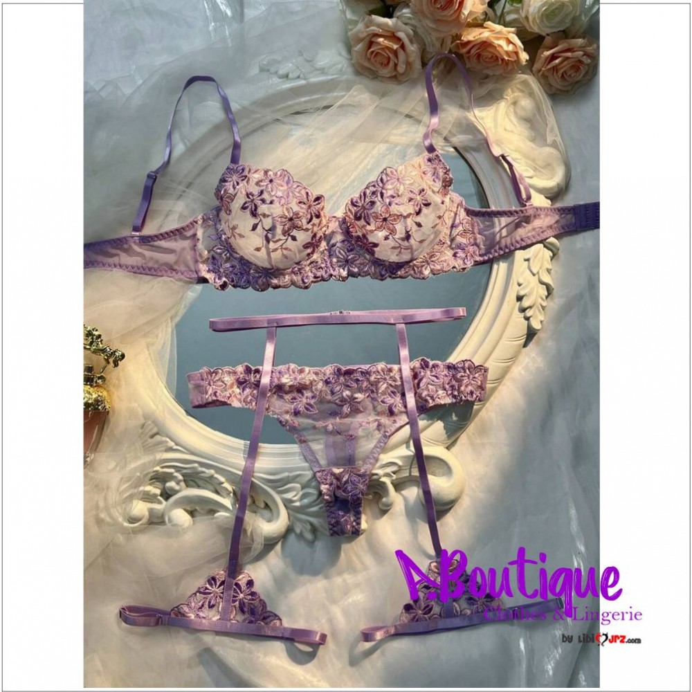3 piezas Conjunto de lencería sexy de color morado claro para mujeres
