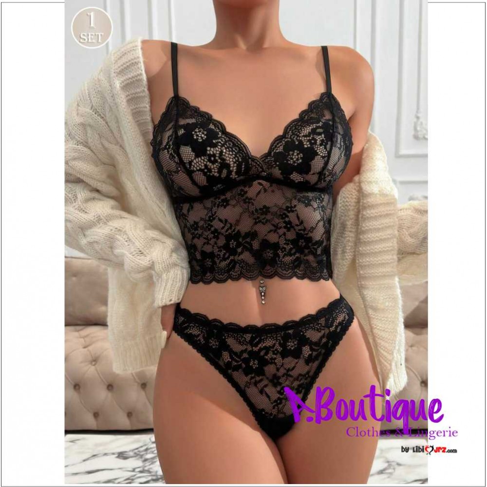 Conjunto de 2 piezas de lencería sexy de sujetador transparente de encaje y braga 
