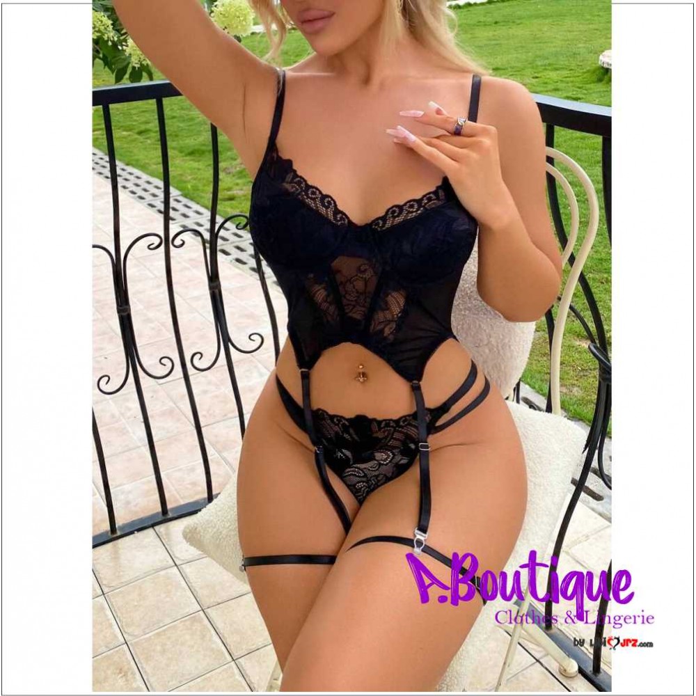 Conjunto de lencería de 4 piezas con corsé con aros, tanga y liguero con diseño floral y calado