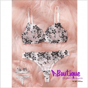 Conjunto de sujetador y pantie romántico color blanco con aros para mujer, lencería