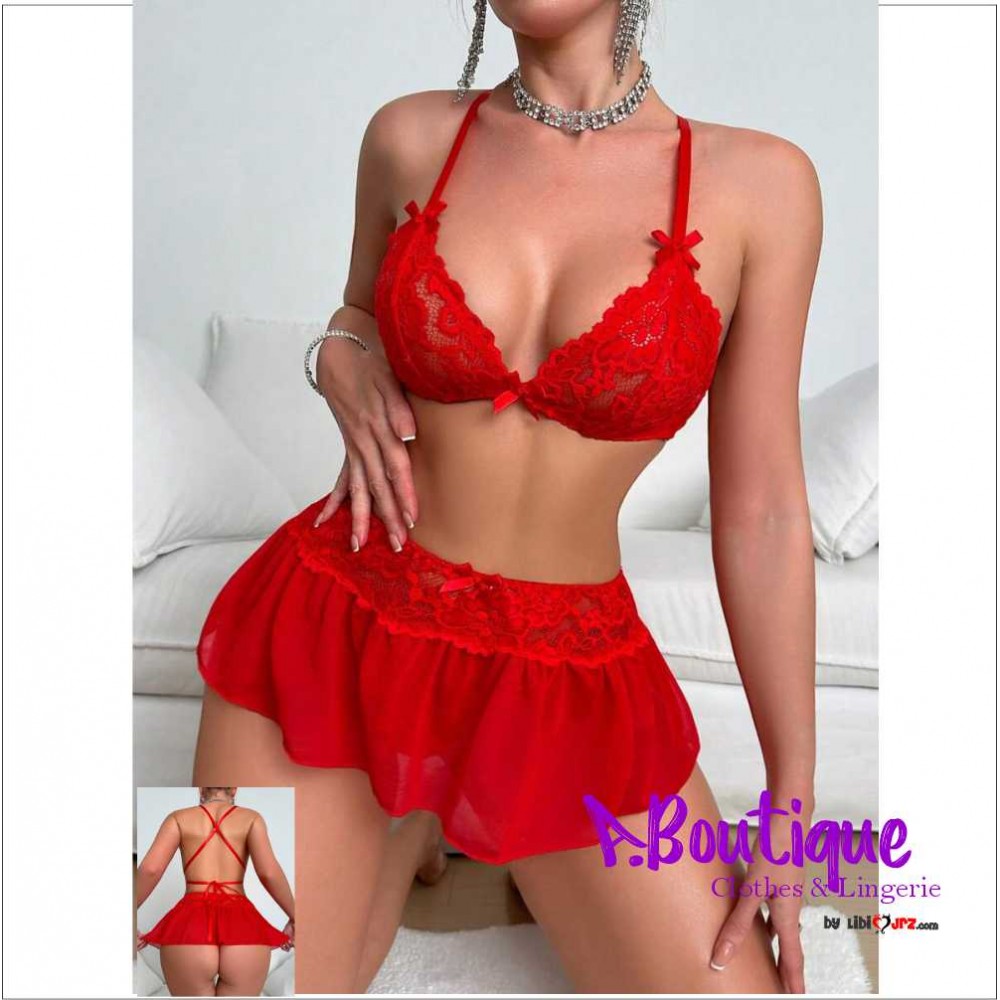 Conjunto de lencería sexy de encaje para mujer decorado con moño