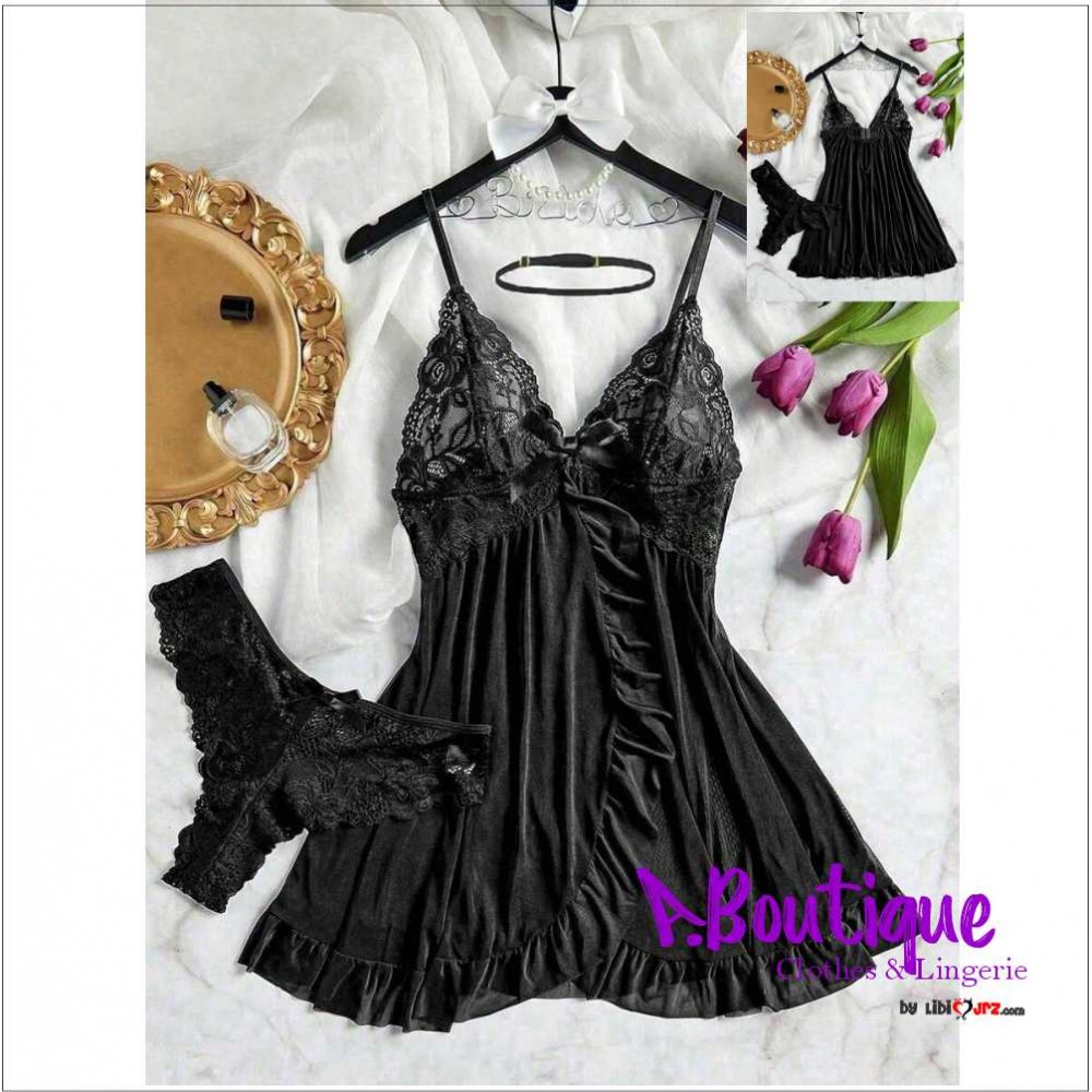 Conjunto de lencería de 3 piezas para mujer con escote profundo en V