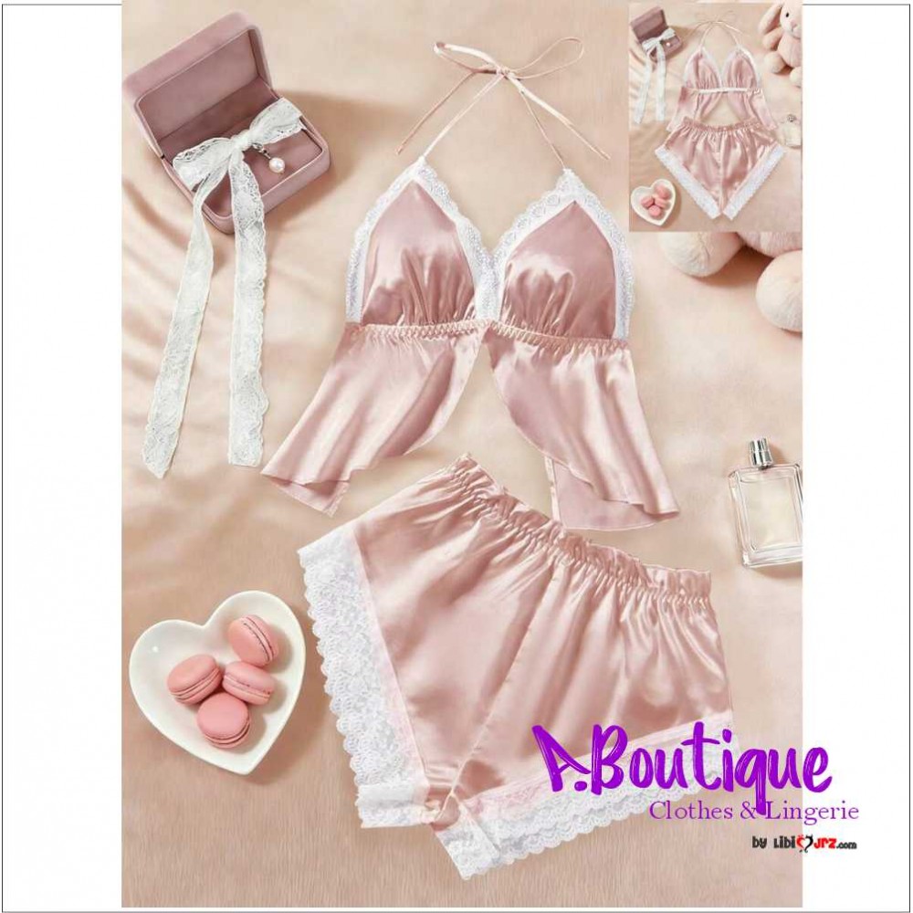 Conjunto de lencería sexy de satén con encaje